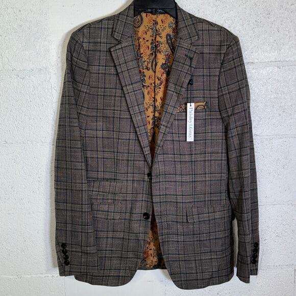 Paisley & Gray Mens Dover SlimFit Stretch Check Suit Jacket tan/forest 38R $250